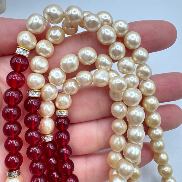 Vintage Faux Pearl Ivory Red Lucite Bead Double Strand Necklace Classic Romantic - Picture 8 of 14